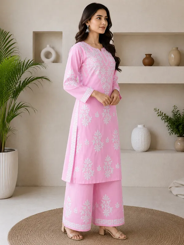 Baby_Pink_Rayon_Cotton_Chikankari_Embroidery_Kurta_With_Palazzo_For_Women