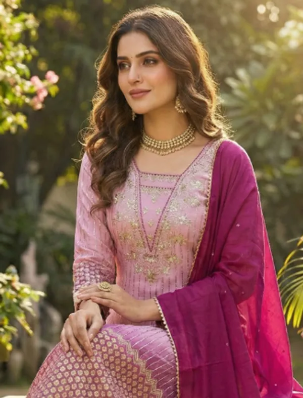 Blush_Pink_Printed_Chinon_Kurta_With_Sequence_Embroidery_Pant_And_Dupatta_For_Women