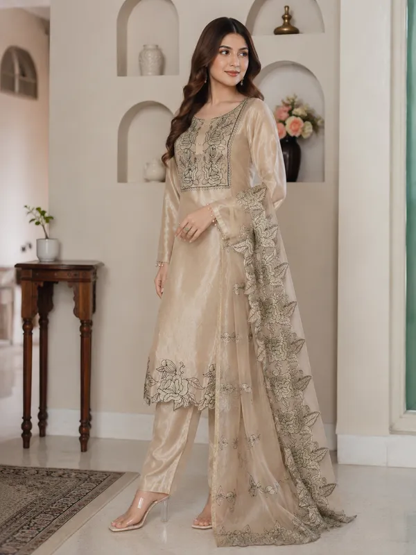 Metallic_Beige_Jimmy_Choo_Embroidered_Cut_Work_Kurta_With_Pant_&_Dupatta_Set