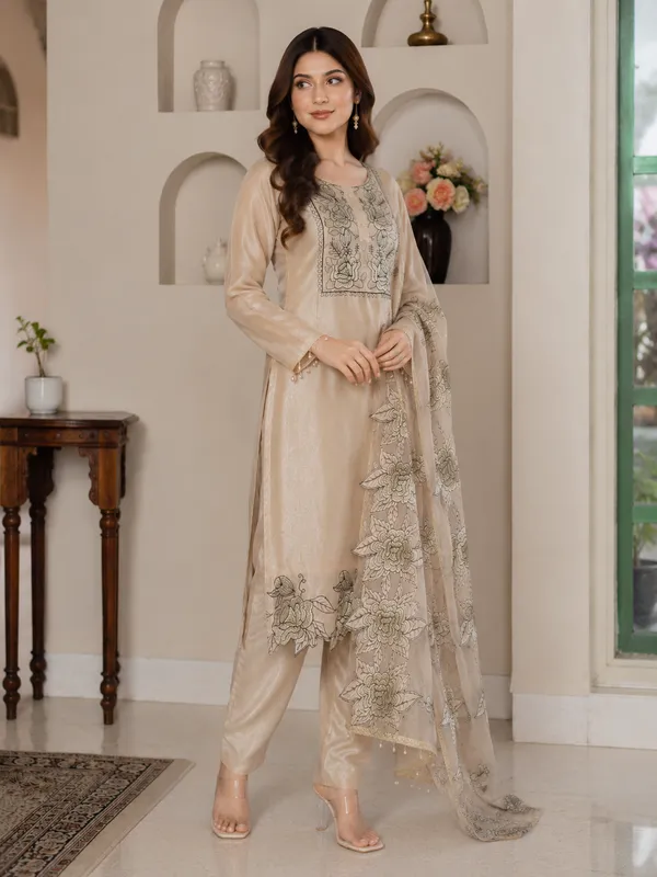 Metallic_Beige_Jimmy_Choo_Embroidered_Cut_Work_Kurta_With_Pant_&_Dupatta_Set