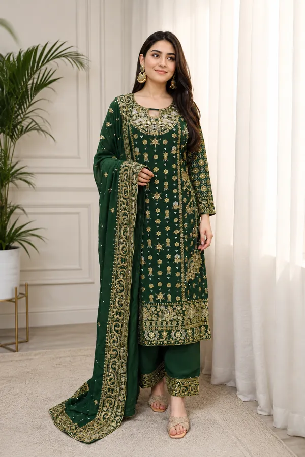 Dark_Green_Heavy_Embroidered_Party_Wear_Kurta_With_Palazzo_And_Dupatta_For_Women