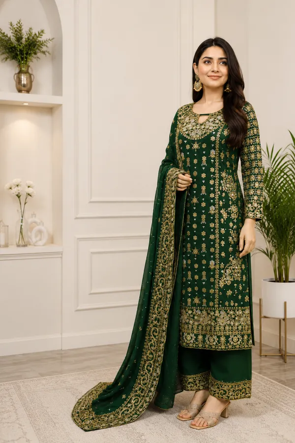 Dark_Green_Heavy_Embroidered_Party_Wear_Kurta_With_Palazzo_And_Dupatta_For_Women