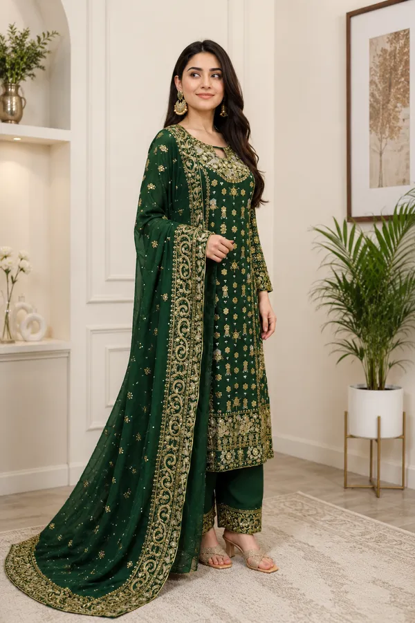 Dark_Green_Heavy_Embroidered_Party_Wear_Kurta_With_Palazzo_And_Dupatta_For_Women
