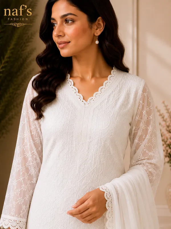 White_Georgette_Chikankari_Embroidery_Kurta_With_Pant_And_Dupatta_For_Women