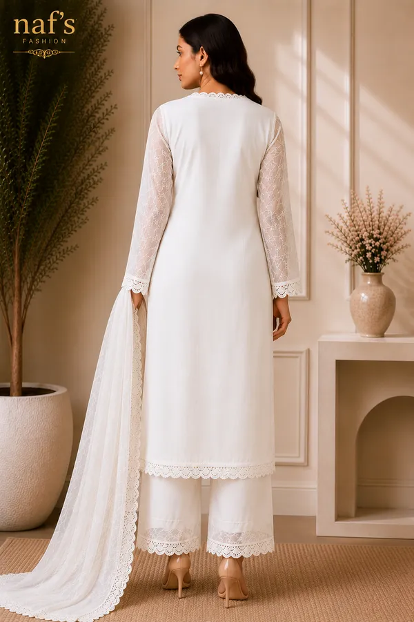 White_Georgette_Chikankari_Embroidery_Kurta_With_Pant_And_Dupatta_For_Women