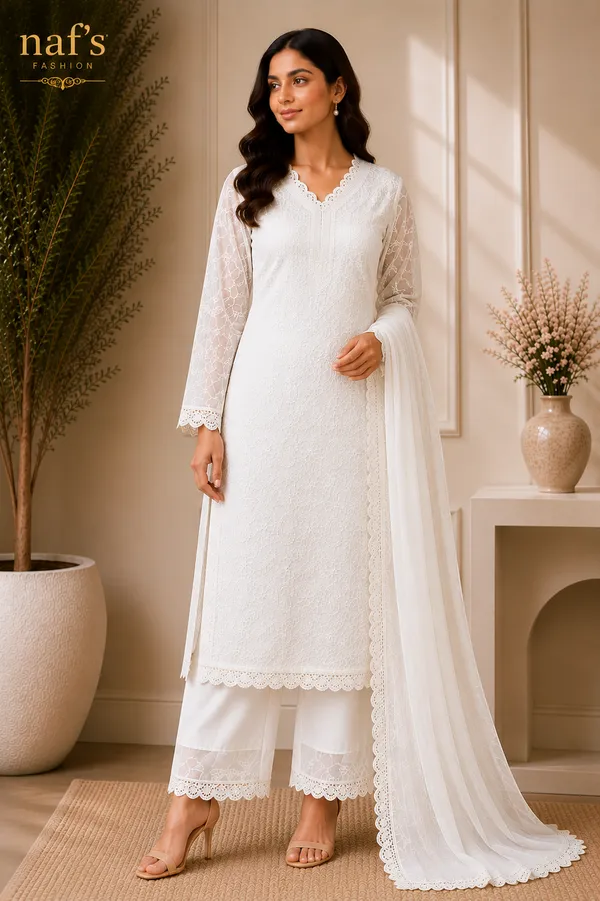 White_Georgette_Chikankari_Embroidery_Kurta_With_Pant_And_Dupatta_For_Women
