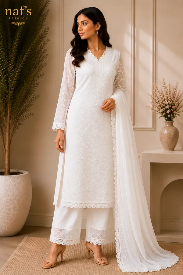 White_Georgette_Chikankari_Embroidery_Kurta_With_Pant_And_Dupatta_For_Women