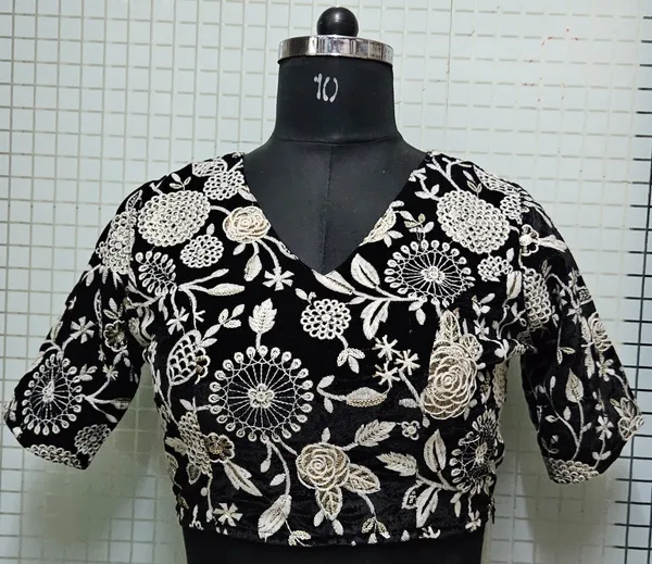 Black_Velvet_Floral_Embroidered_Blouse_With_Elbow-Length_Sleeves