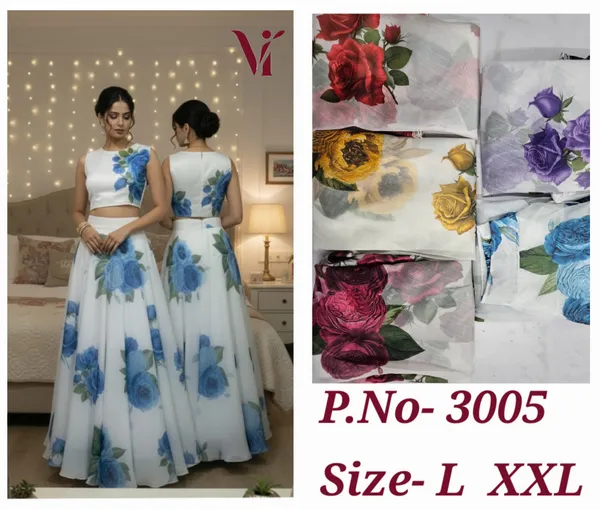 Floral_Print_Crop_Top_And_Lehenga_Set_-_White_With_Blue_Roses
