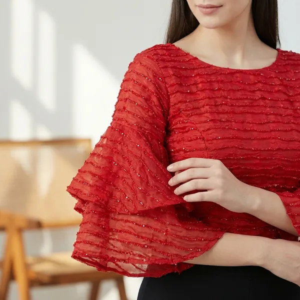 Women'S_Textured_Ruffle_Sleeve_Blouse