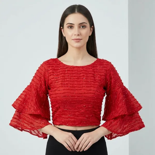 Women'S_Textured_Ruffle_Sleeve_Blouse
