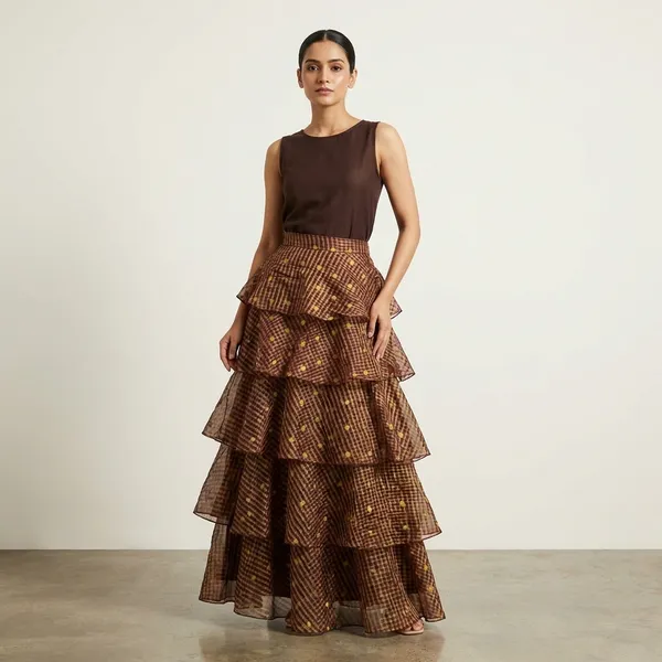 Multi-Tiered_Ruffled_Skirt_In_Golden_Brown_Checkered_Print