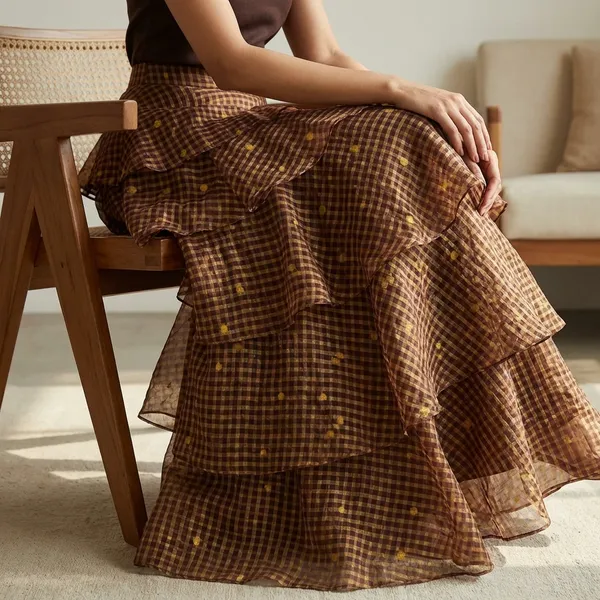 Multi-Tiered_Ruffled_Skirt_In_Golden_Brown_Checkered_Print