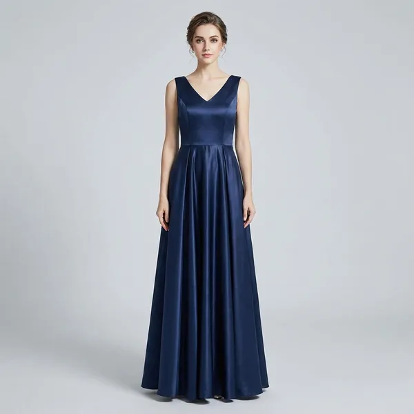 Elegant_Satin_Navy_Blue_Sleeveless_Party_Dress_With_V-Neck