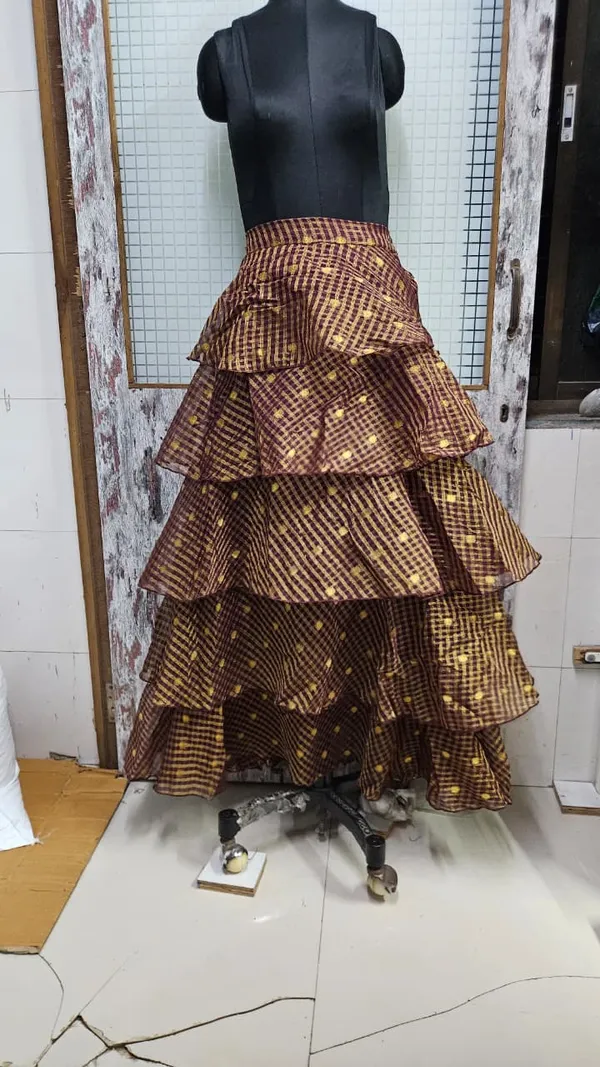 Multi-Tiered_Ruffled_Skirt_In_Golden_Brown_Checkered_Print