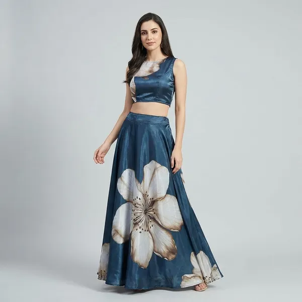 Satin_Navy_Blue_Floral_Print_Crop_Top_And_Skirt_Set