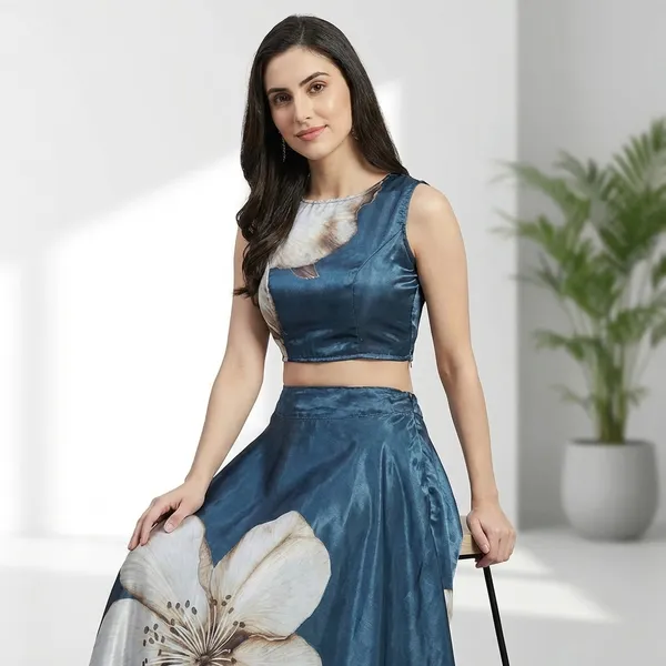 Satin_Navy_Blue_Floral_Print_Crop_Top_And_Skirt_Set