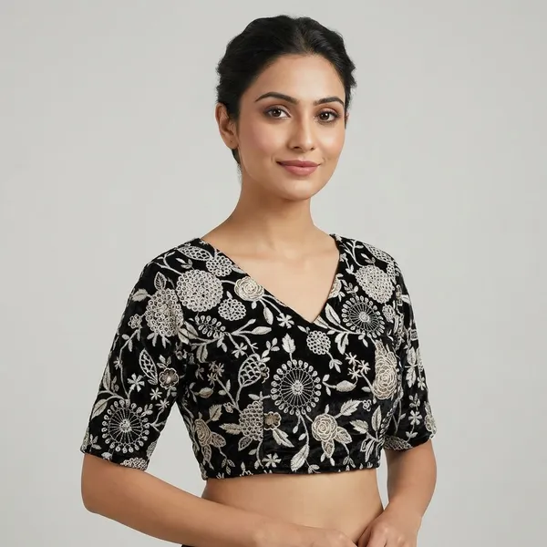 Black_Velvet_Floral_Embroidered_Blouse_With_Elbow-Length_Sleeves