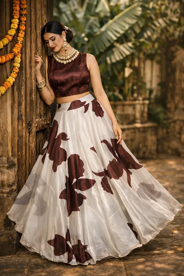 Brown_And_White_Floral_Print_Lehenga_Set
