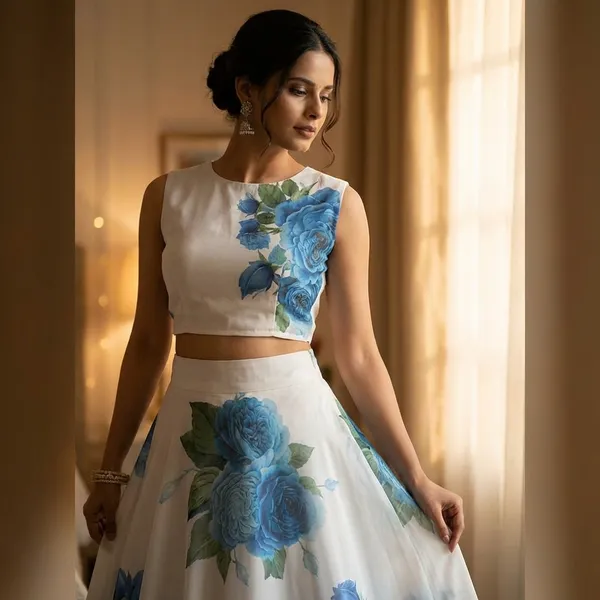 Floral_Print_Crop_Top_And_Lehenga_Set_-_White_With_Blue_Roses