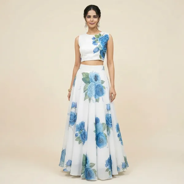 Floral_Print_Crop_Top_And_Lehenga_Set_-_White_With_Blue_Roses