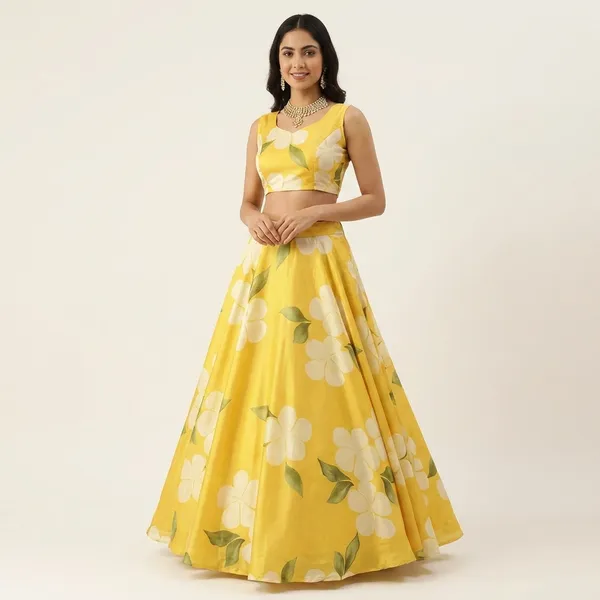 Yellow_Floral_Print_Lehenga_Choli_Set