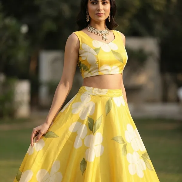 Yellow_Floral_Print_Lehenga_Choli_Set