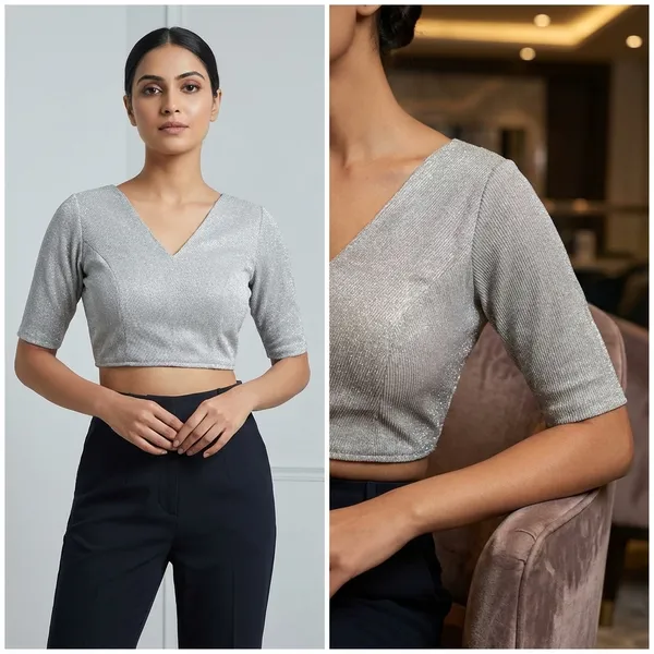 Silver_Pleated_V-Neck_Blouse