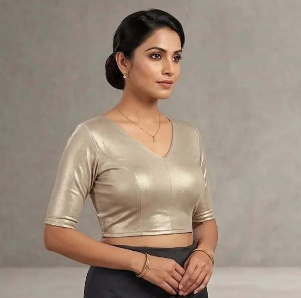 Lycra_Beige_Satin_Crop_Top_With_V-Neck_And_Puffed_Sleeves_Blouse