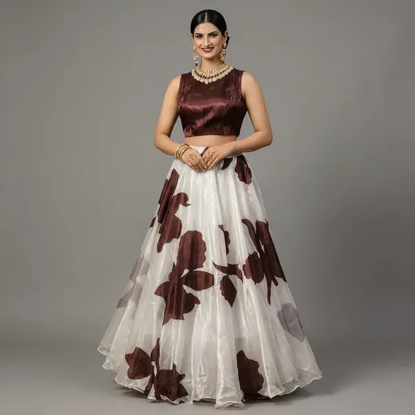 Brown_And_White_Floral_Print_Lehenga_Set