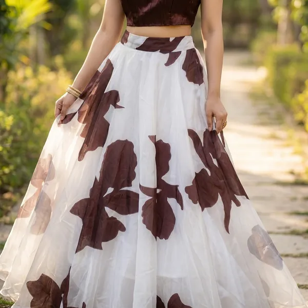 Brown_And_White_Floral_Print_Lehenga_Set