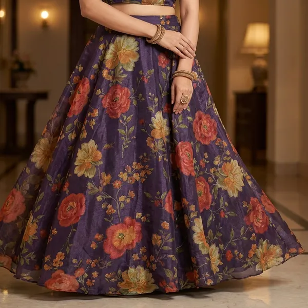Vedanti_Floral_Print_Lehenga_Choli_Set_-_Navy_Blue_Base_With_Multicolor_Flowers