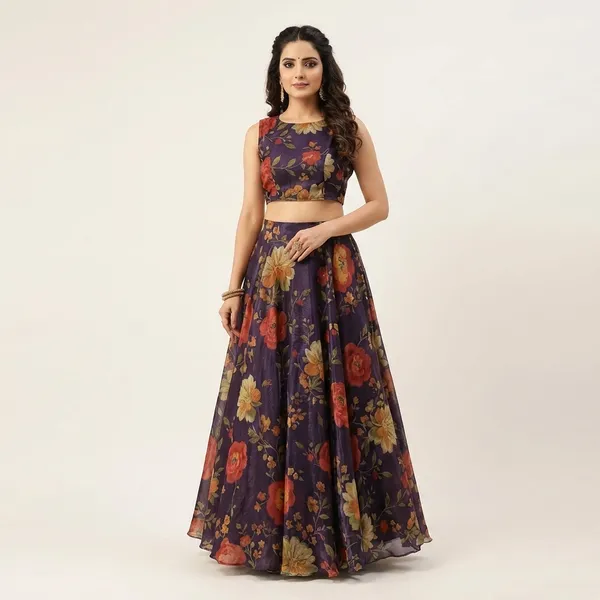 Vedanti_Floral_Print_Lehenga_Choli_Set_-_Navy_Blue_Base_With_Multicolor_Flowers