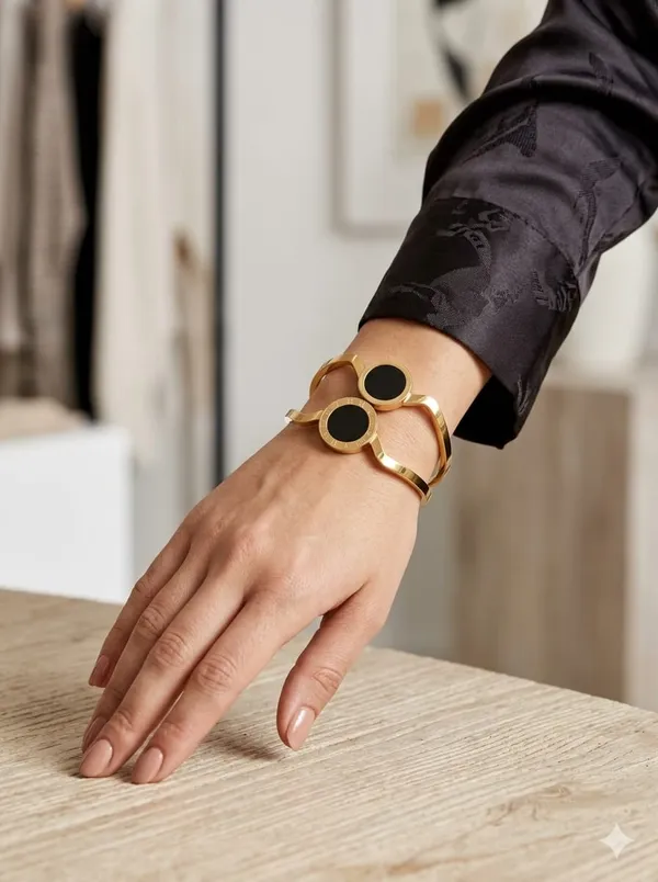 Double_Circle_Gold-Tone_Bracelet_With_Black_Enamel_Detailing