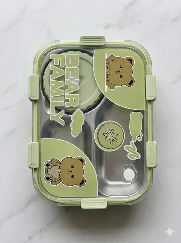 Bear_Family_Cartoon_Lunch_Box_With_Spoon_And_3_Compartments_-_Green