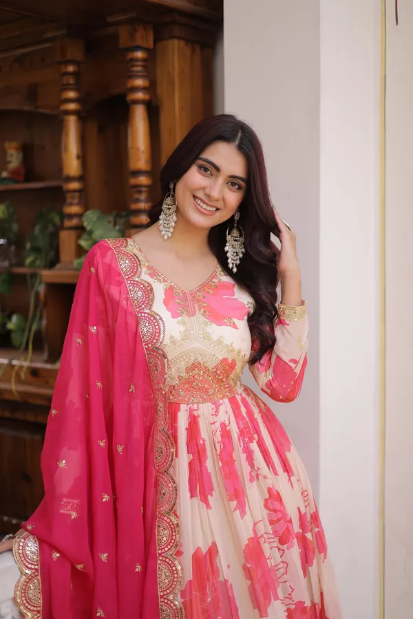 White_And_Pink_Luxury_Russian_silk_Gown_Dupatta_Set_For_Women