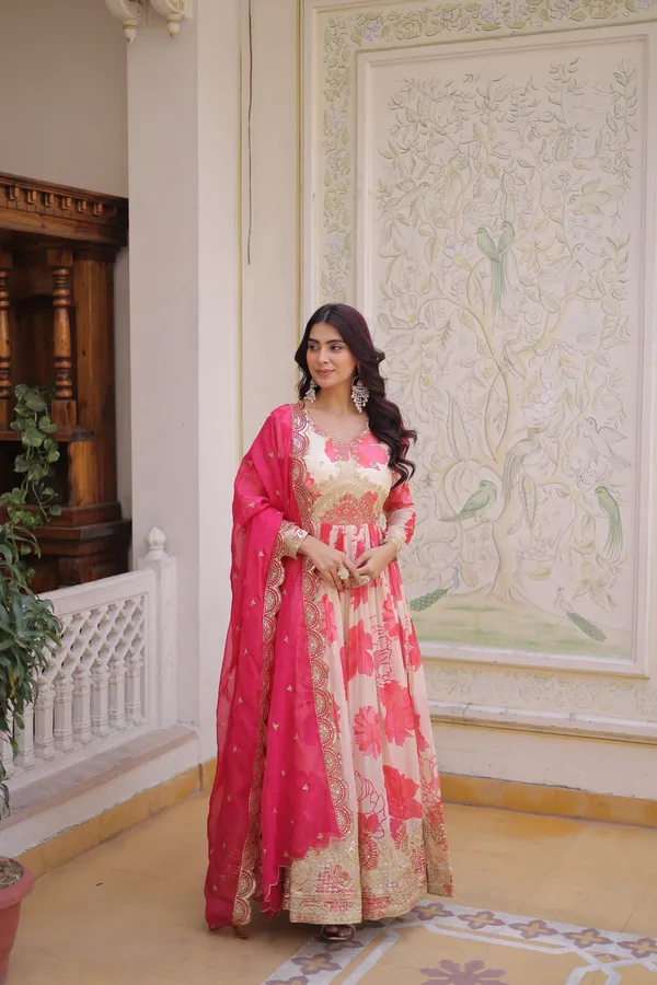 White_And_Pink_Luxury_Russian_silk_Gown_Dupatta_Set_For_Women