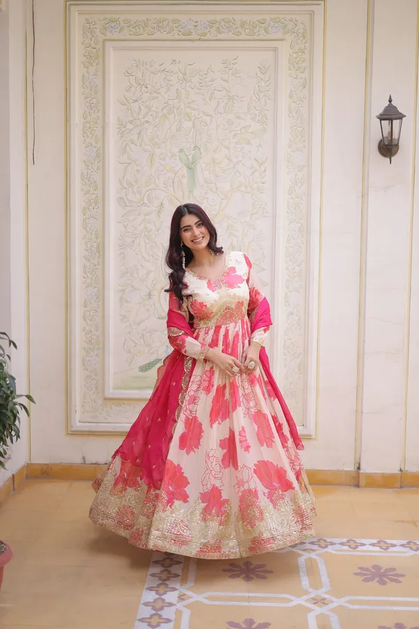 White_And_Pink_Luxury_Russian_silk_Gown_Dupatta_Set_For_Women
