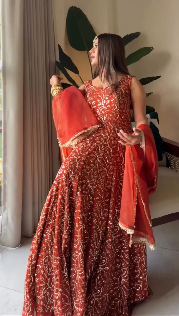 Rust_Faux_Georgette_Designer_Gown_With_Palazzo_Set_For_Women