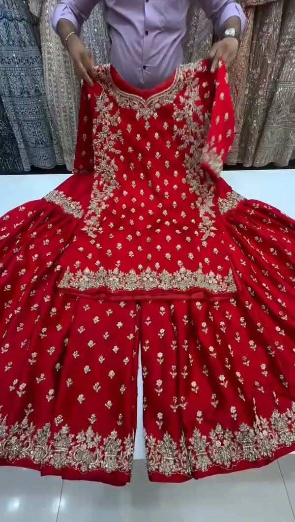 Red_3_Piece_Chinon_Silk_Sharara_Palazzo_For_Women