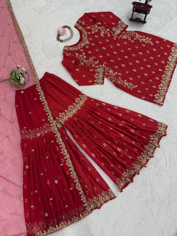 Red_3_Piece_Chinon_Silk_Sharara_Palazzo_For_Women