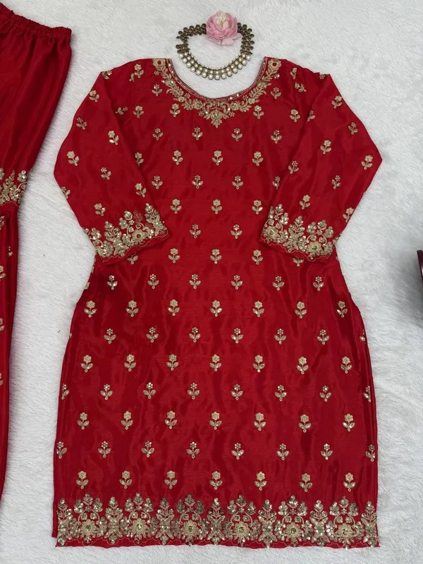 Red_3_Piece_Chinon_Silk_Sharara_Palazzo_For_Women