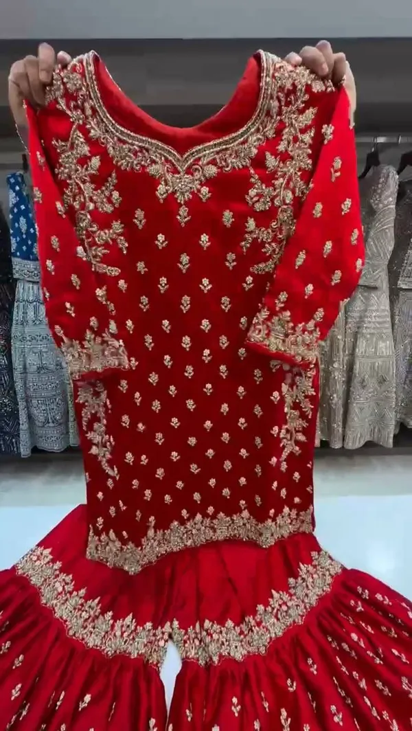 Red_3_Piece_Chinon_Silk_Sharara_Palazzo_For_Women