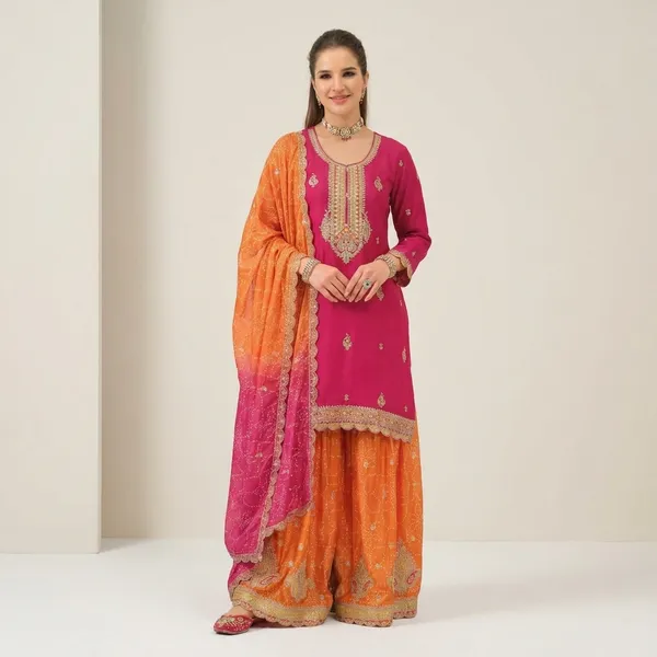 Pink_And_Orange_Designer_Chinon_Palazzo_Set_For_Women