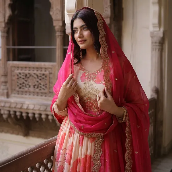 White_And_Pink_Luxury_Russian_silk_Gown_Dupatta_Set_For_Women