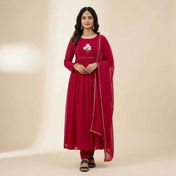 Red_Partywear_Chanderi_Cotton_Gown_For_Women