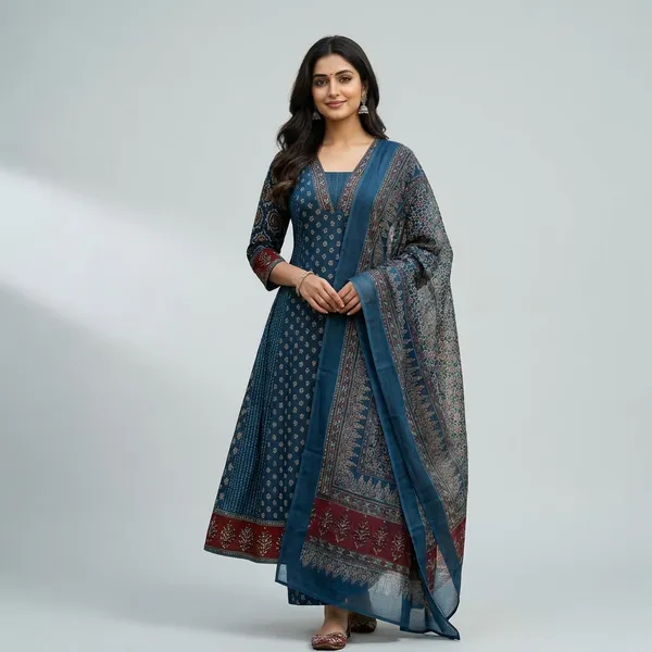 Teal_Blue_Stylish_Party_Kurta_Set_With_Dupatta_For_Women