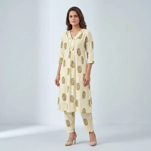 Cream_Yellow_Print_Stylish_Party_Kurta_And_Pant_Set_For_Women