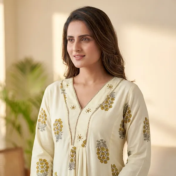 Cream_Yellow_Print_Stylish_Party_Kurta_And_Pant_Set_For_Women