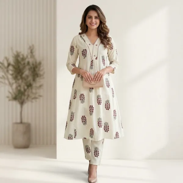 Ivory_Beige_Print_Elegant_Designer_Kurta_And_Pant_Set_For_Women